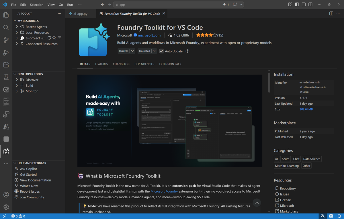 Screenshot of the Foundry Toolkit Visual Studio Code extension.
