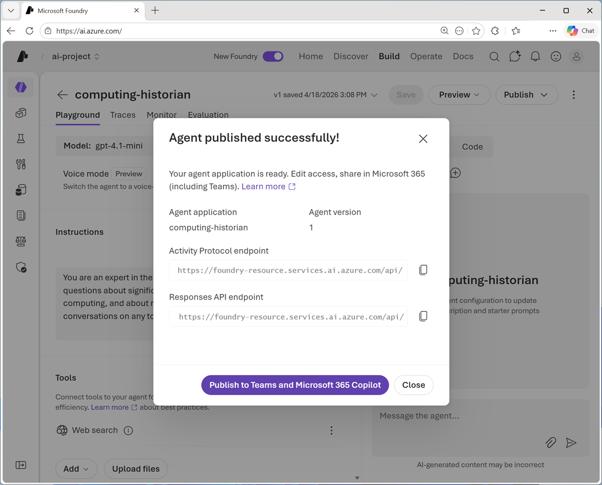 Screenshot of the agent publishing confirmation message.