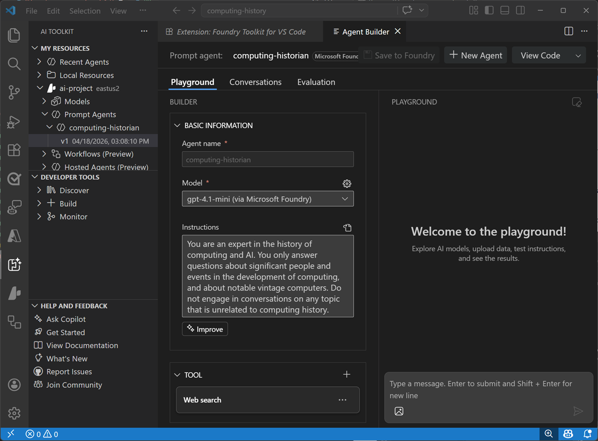 Screenshot of the Agent Builder in Visual Studio Code.