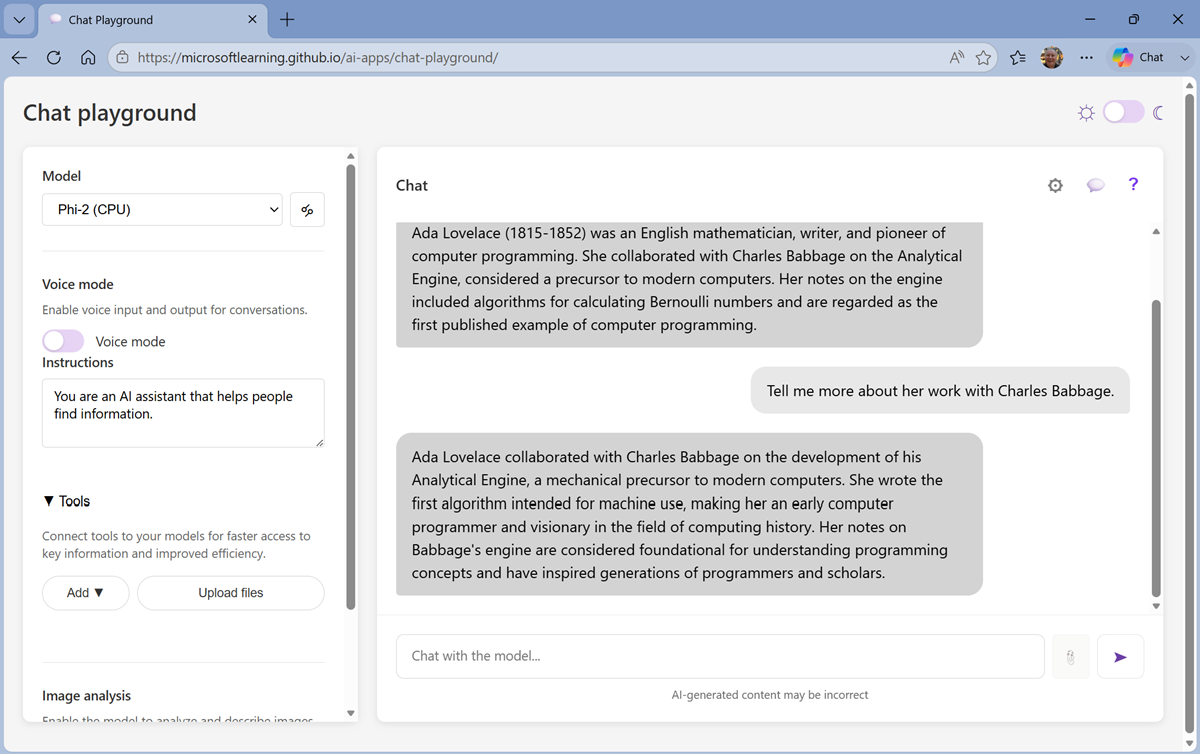 Screenshot of the chat playground app with a response.