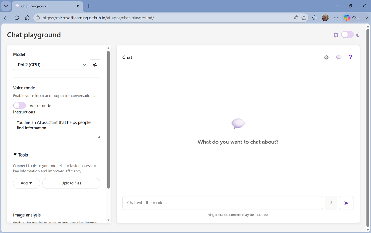 Screenshot of the chat playground app.