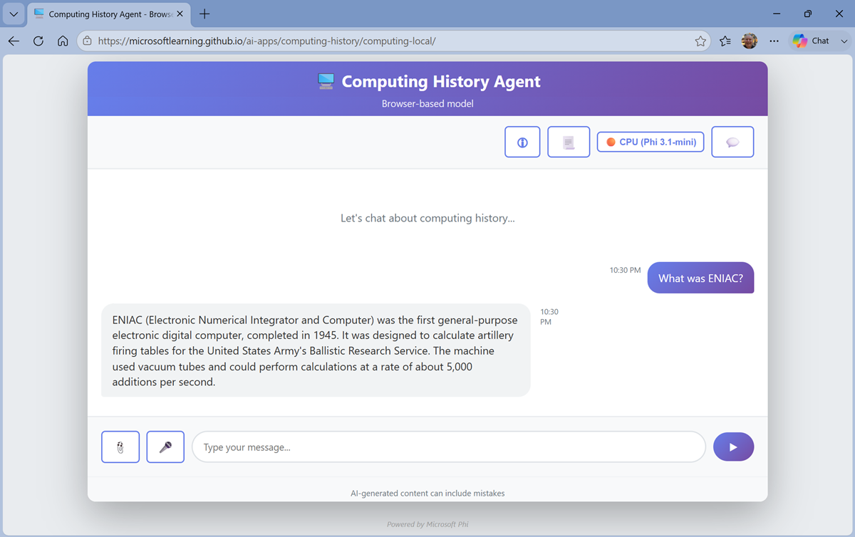 Screenshot of the computing history agent with a chat response.
