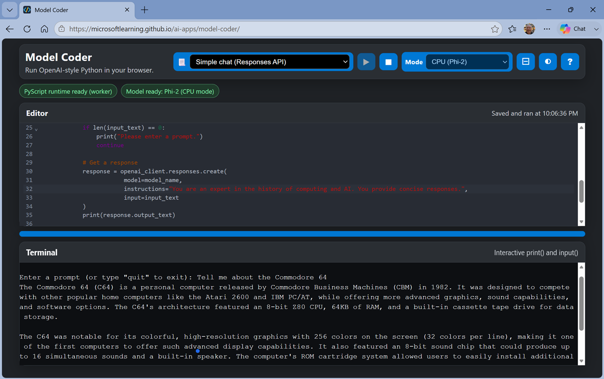 Screenshot of Model Coder with code running.