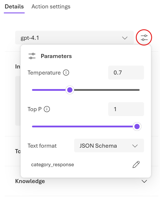 Screenshot of the Parameters button in the agent editor.