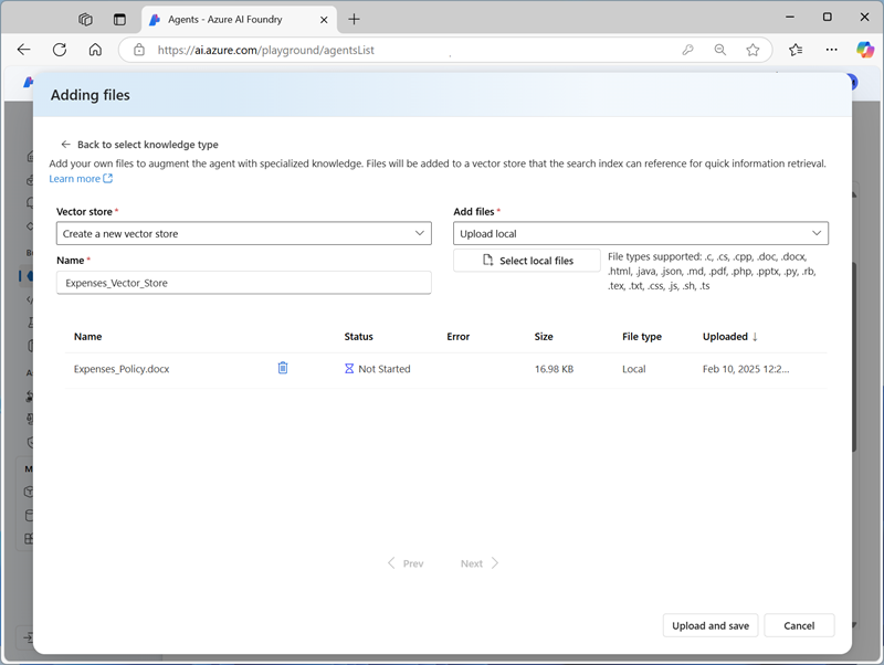 Screenshot of the Adding files dialog box in Azure AI Foundry portal.