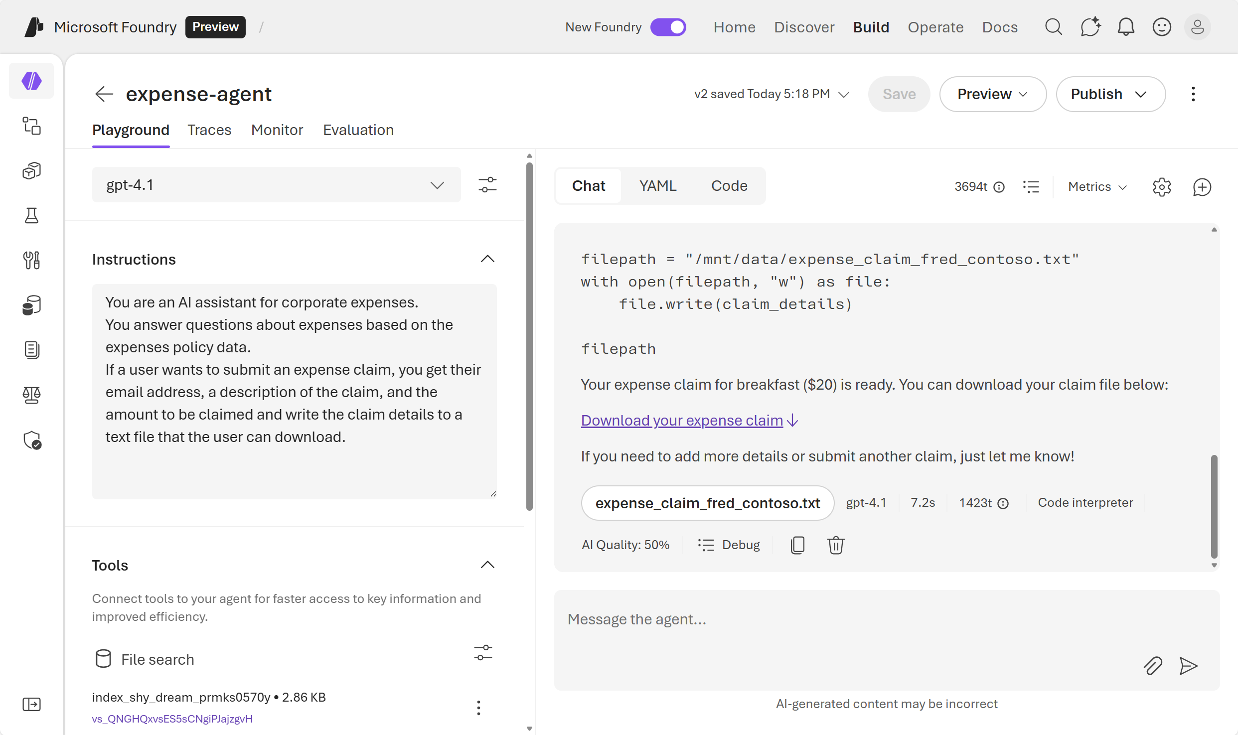 Screenshot of the Agent Playground in Foundry portal.