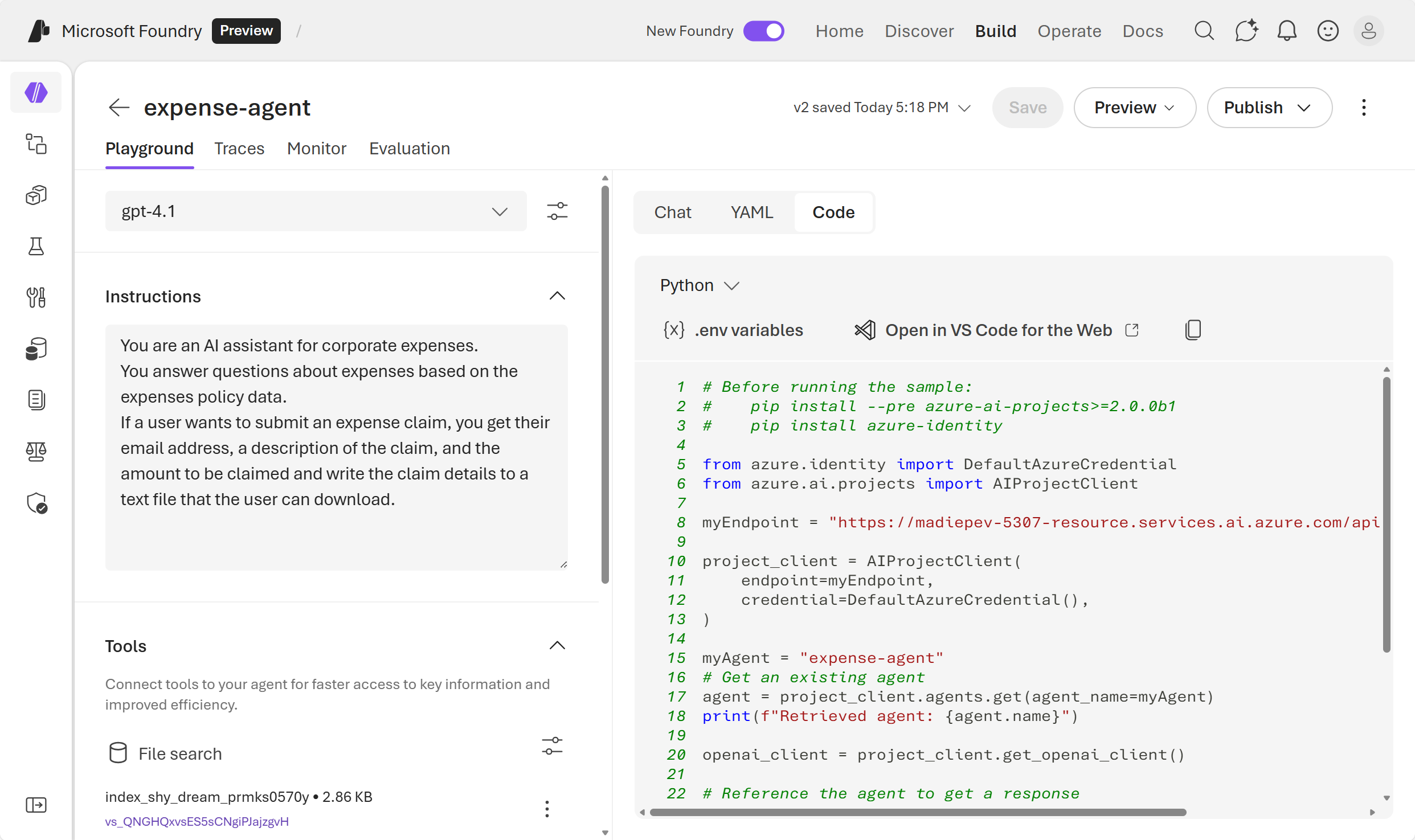 Screenshot showing the Code tab in the agent playground.