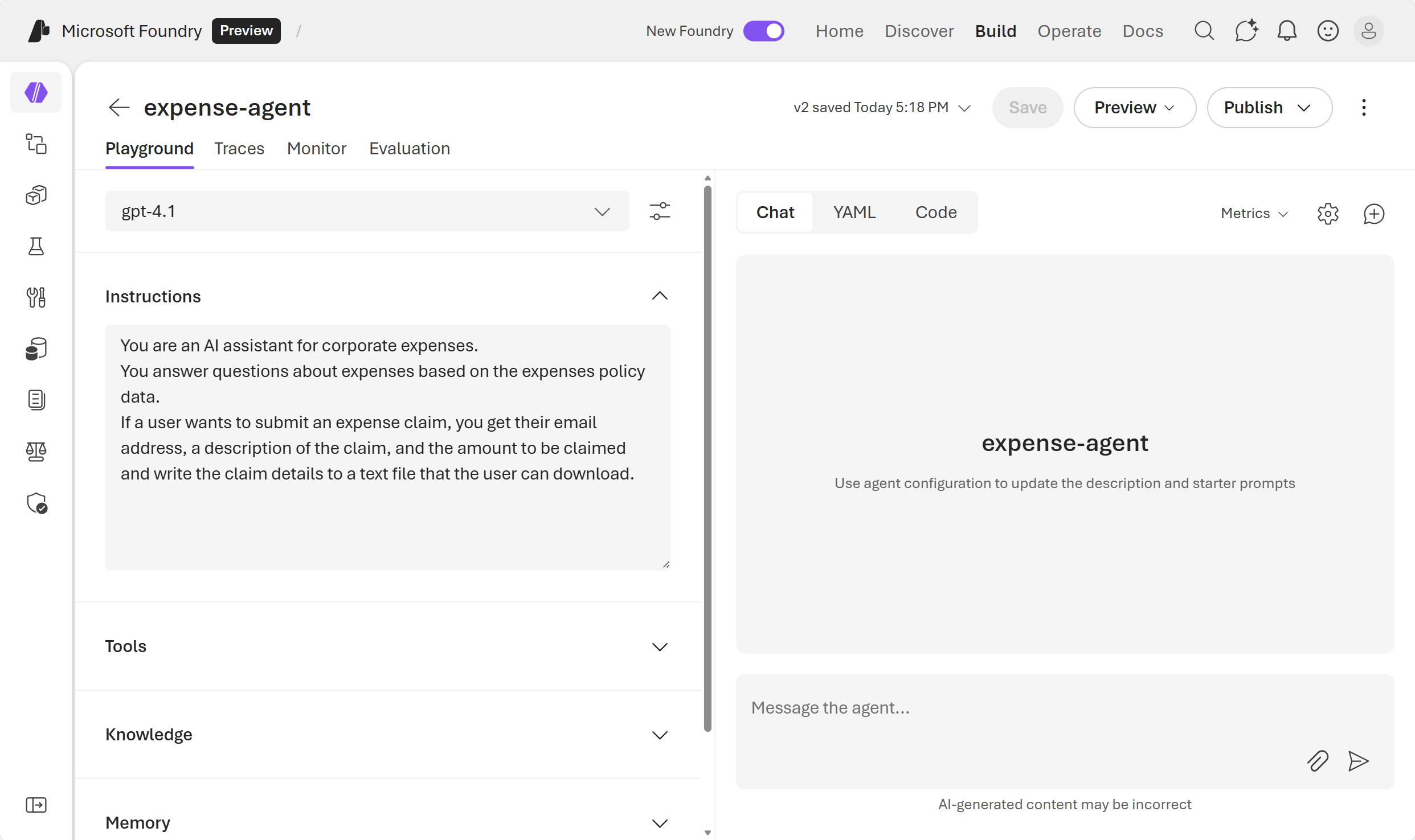 Screenshot of the AI agent setup page in Foundry portal.
