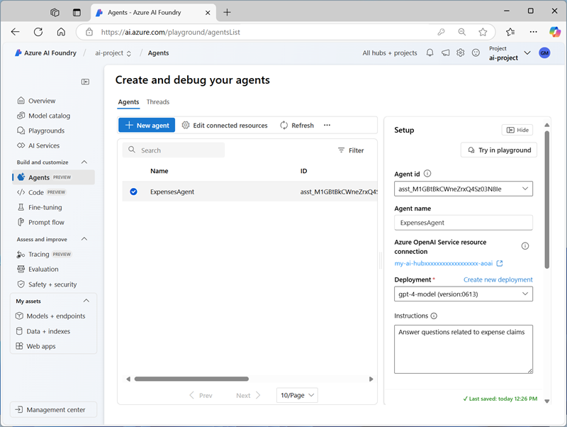 Screenshot of the AI agent setup page in Azure AI Foundry portal.