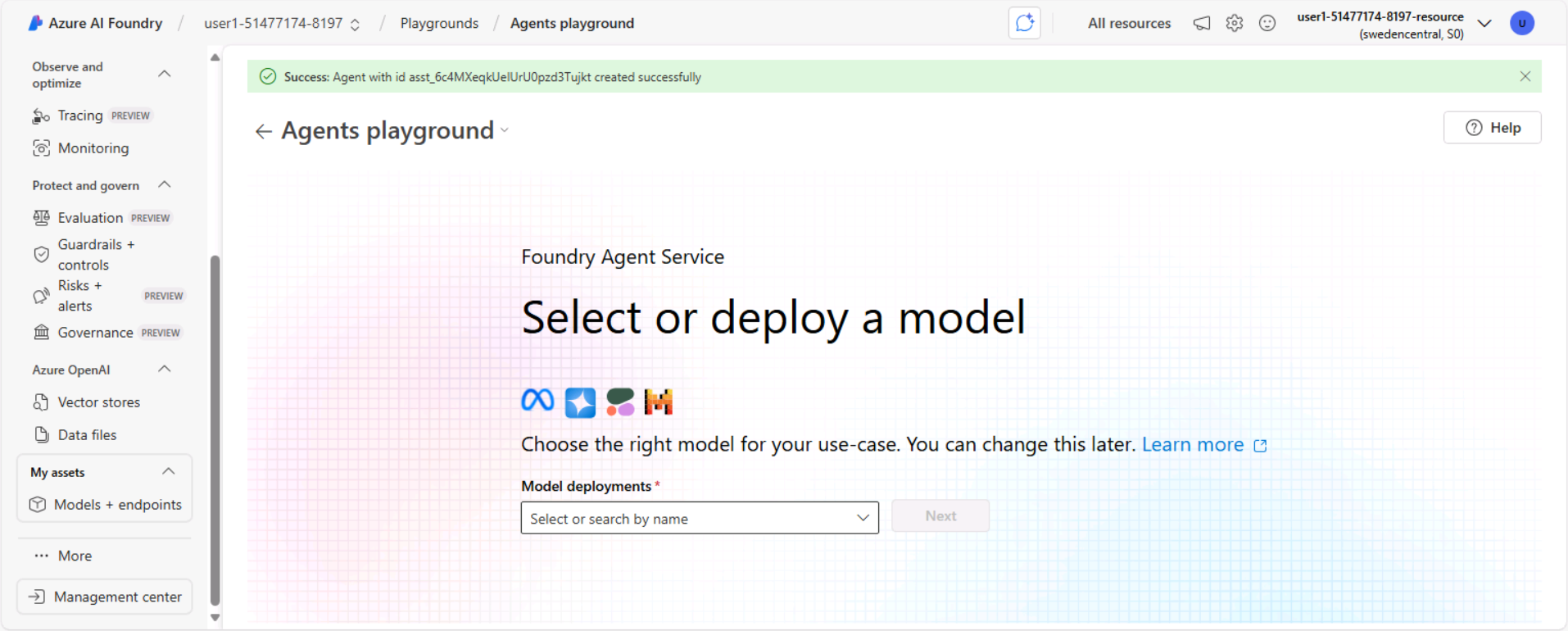 Screenshot of a Azure AI Foundry project Agents playground.