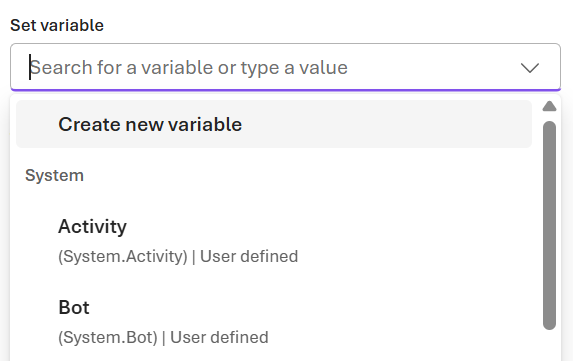 Screenshot of creating a new variable in the Set variable node.