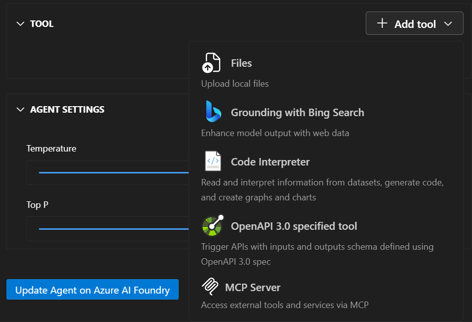 Screenshot of adding a tool to an agent in the Azure AI Foundry VS Code extension.