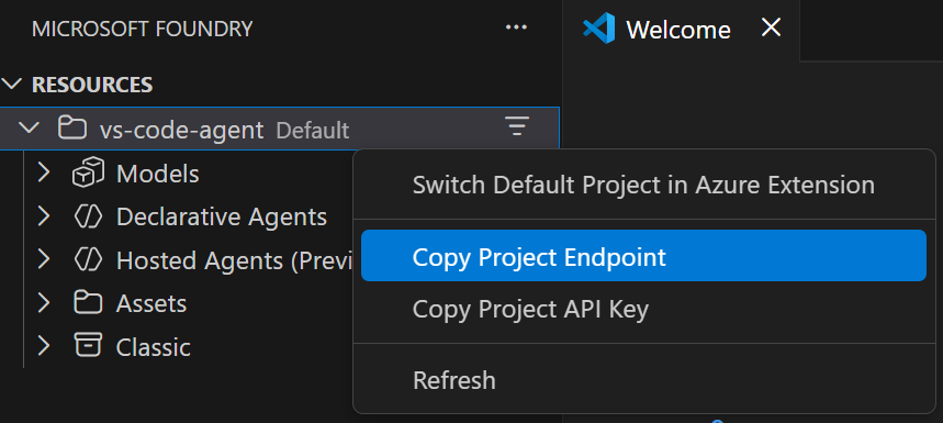 Screenshot of copying the project endpoint in the Foundry VS Code extension.