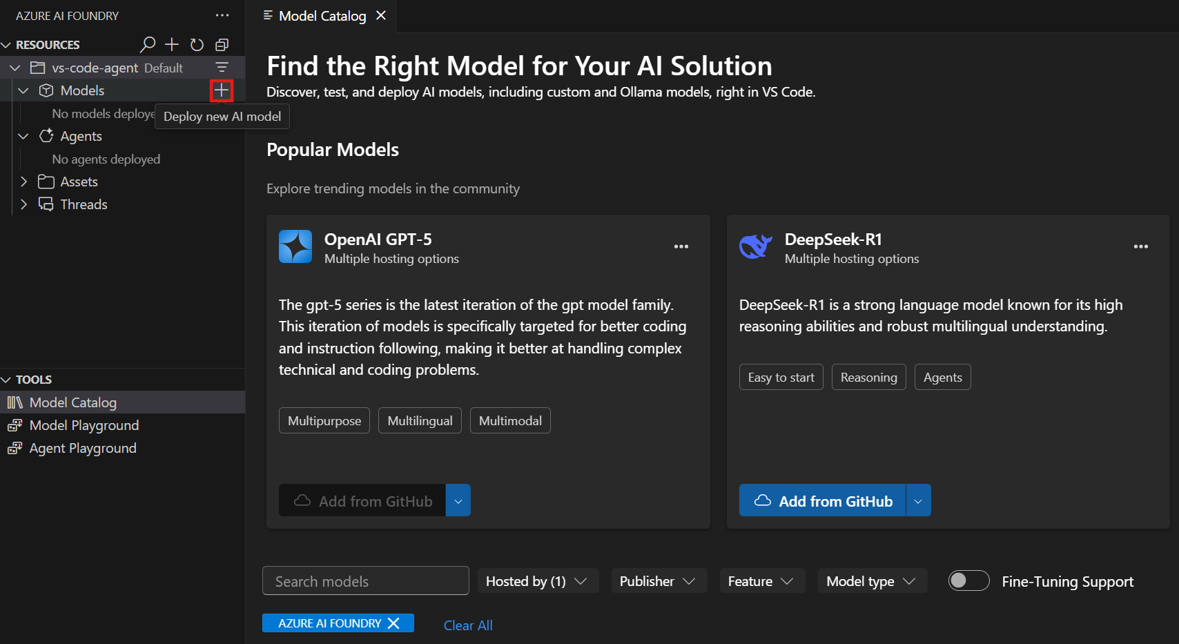Screenshot of the Model Catalog in the Azure AI Foundry VS Code extension.