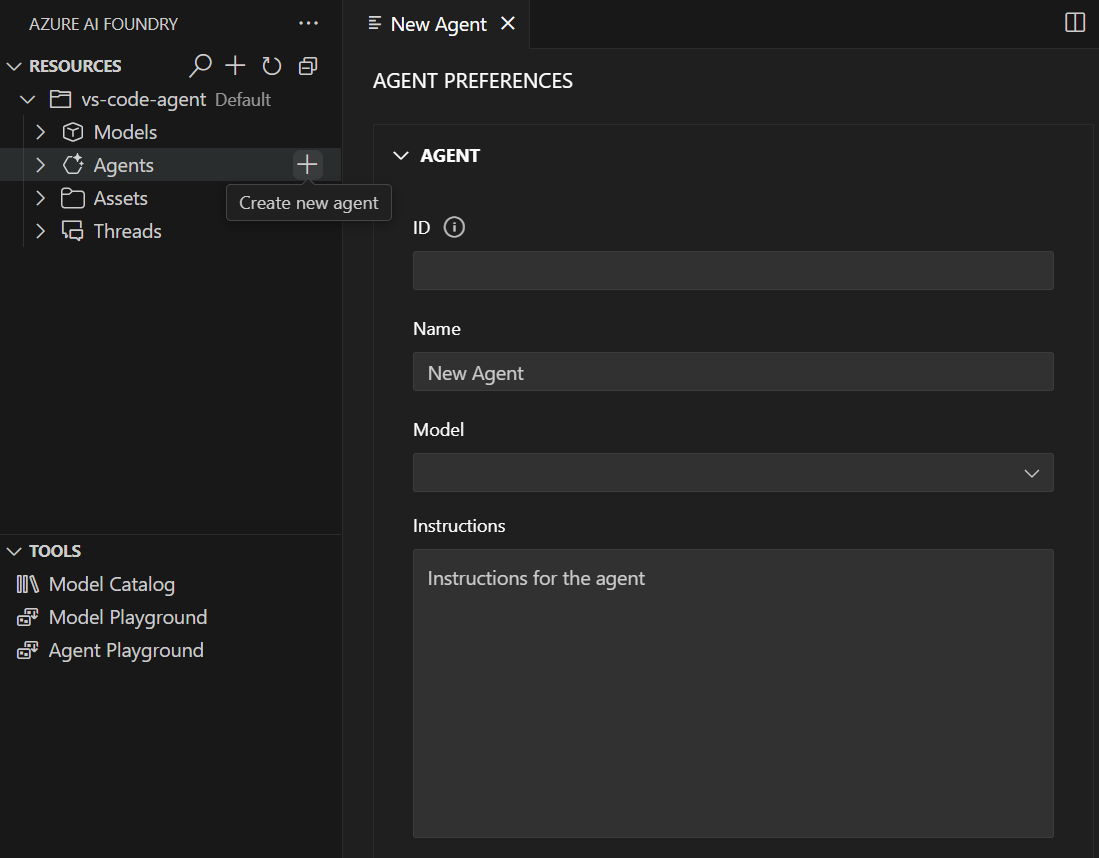 Screenshot of an creating an agent in the Azure AI Foundry VS Code extension.