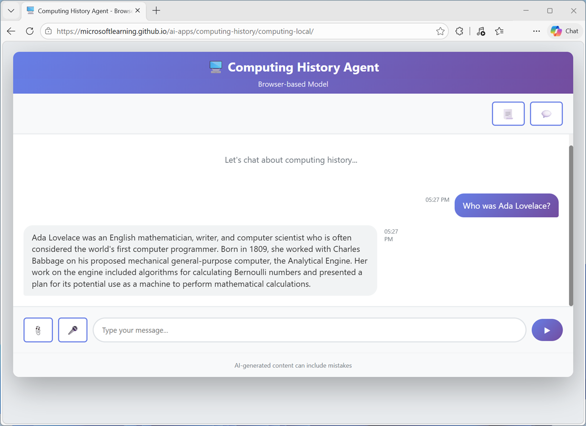 Screenshot of the Computing History chat interface.