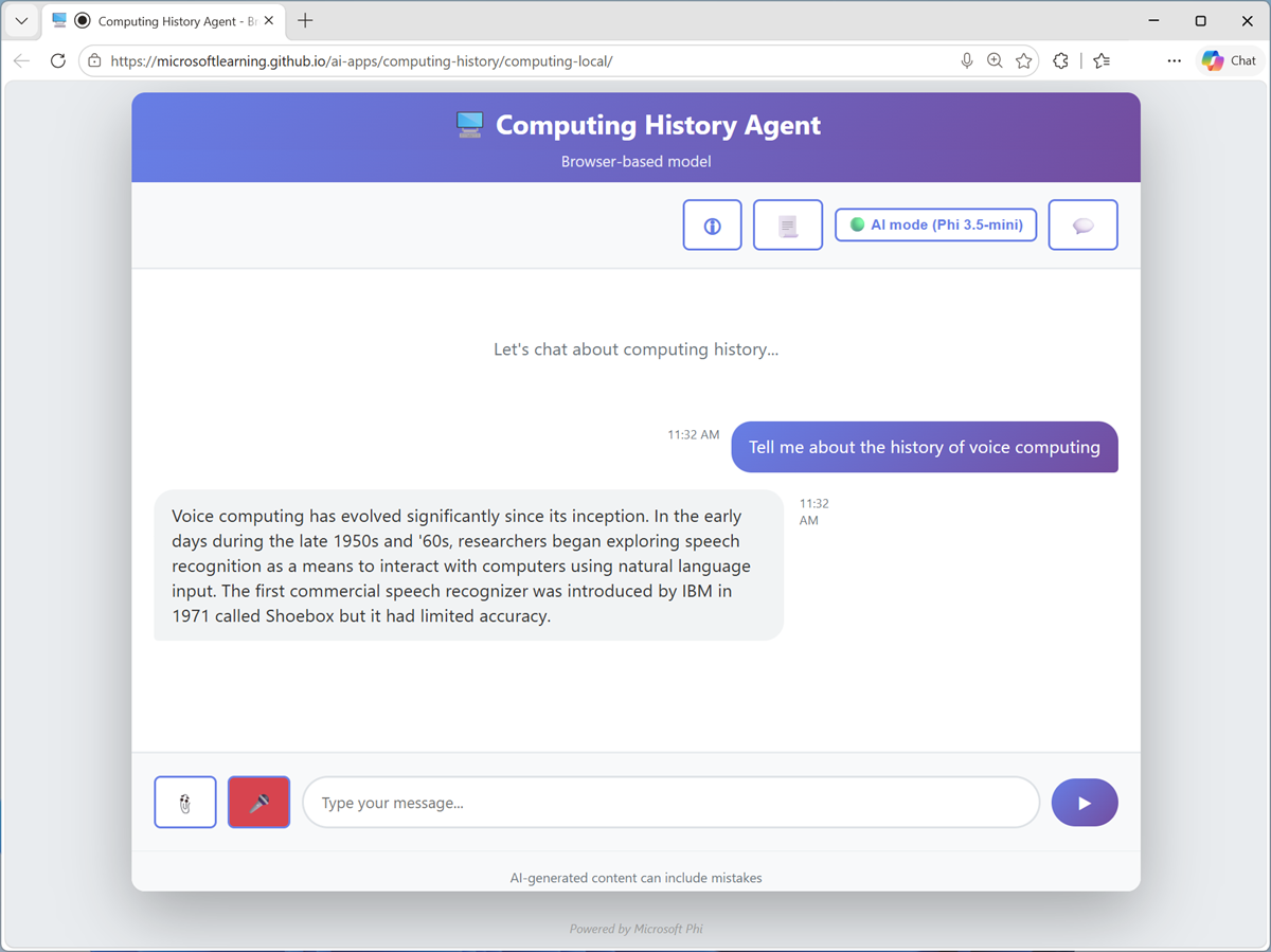 Screenshot of the Computing History speech response.