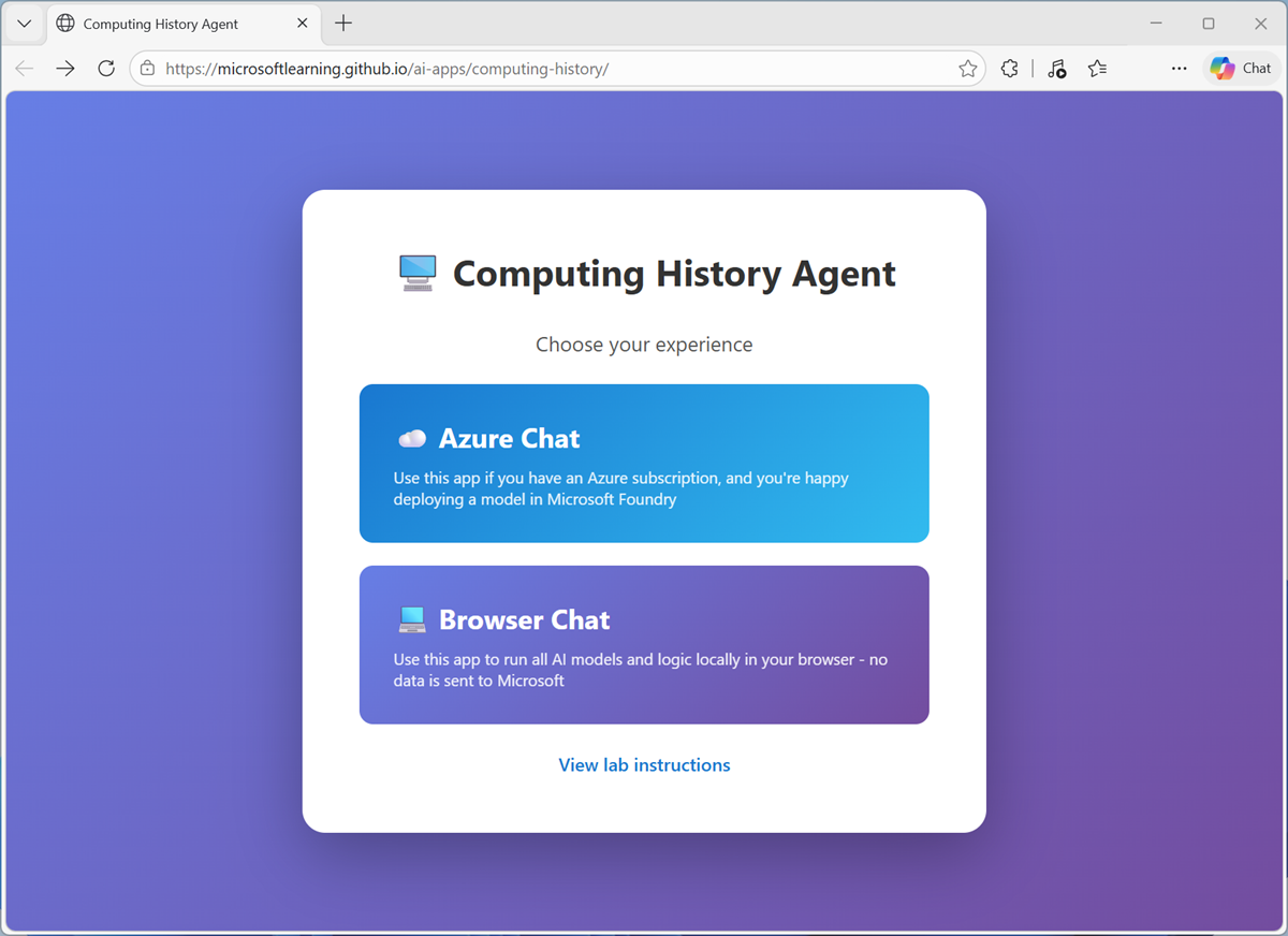 Screenshot of the Computing History agent chooser page.