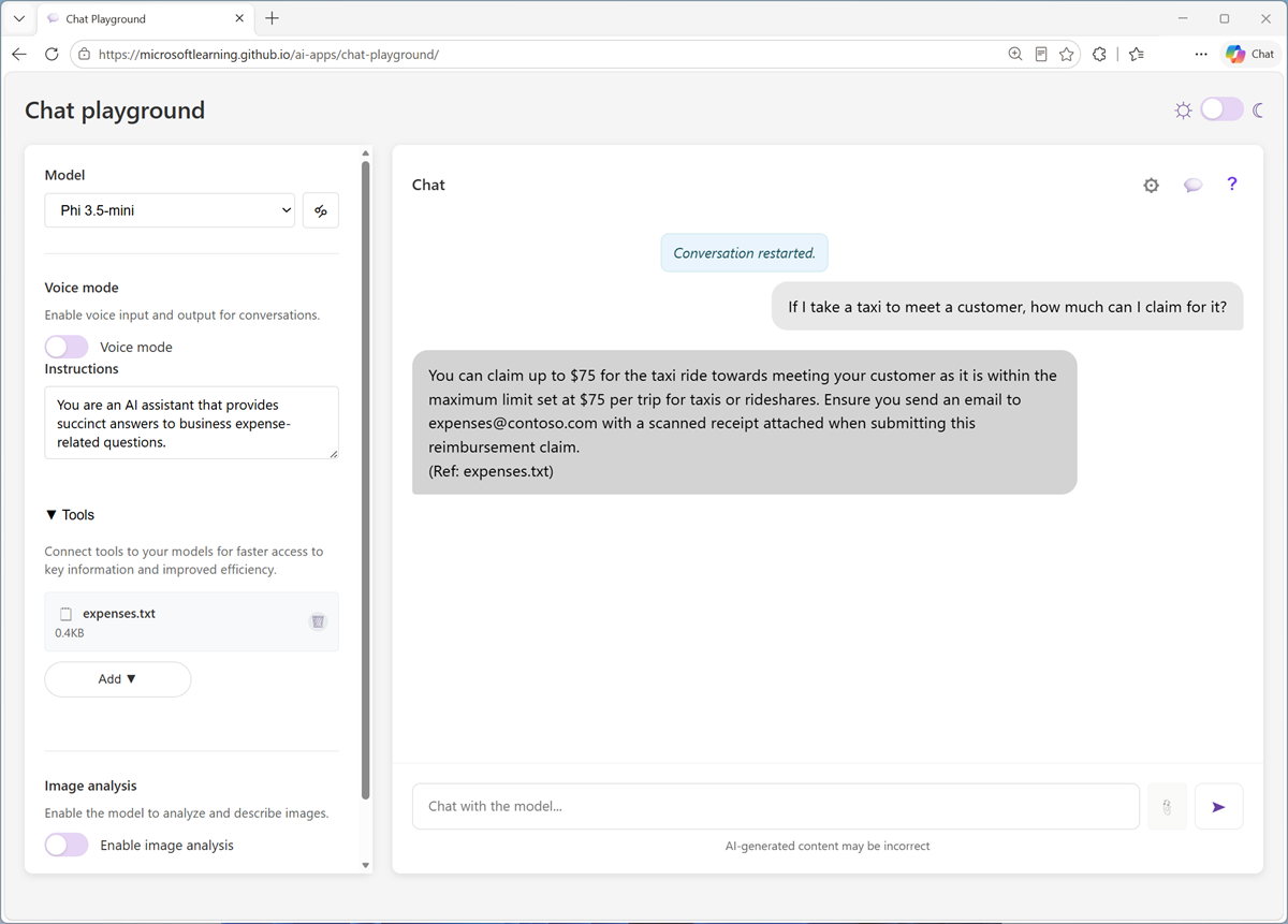Screenshot of the chat playground using the file search tool.
