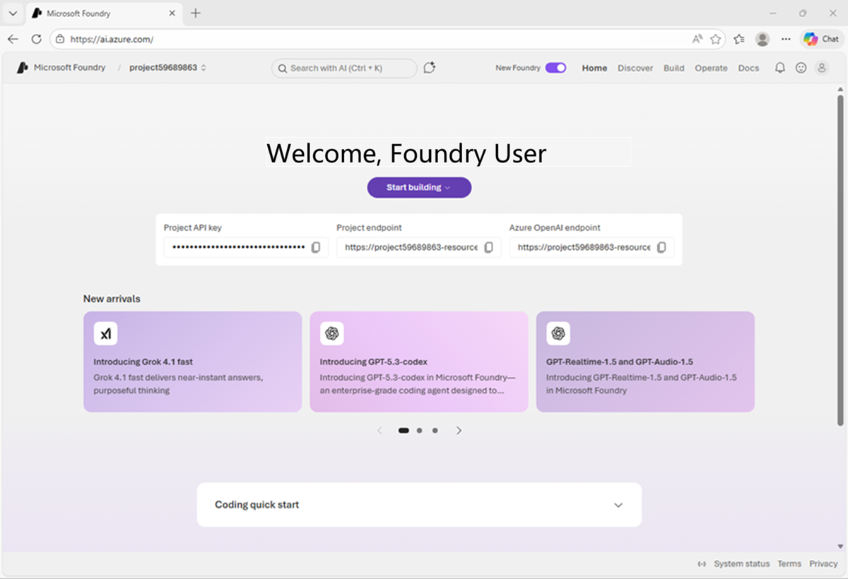 Screenshot of the AI Foundry project home page.