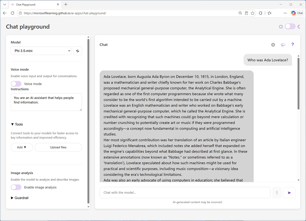 Screenshot of the chat playground with a prompt and response.