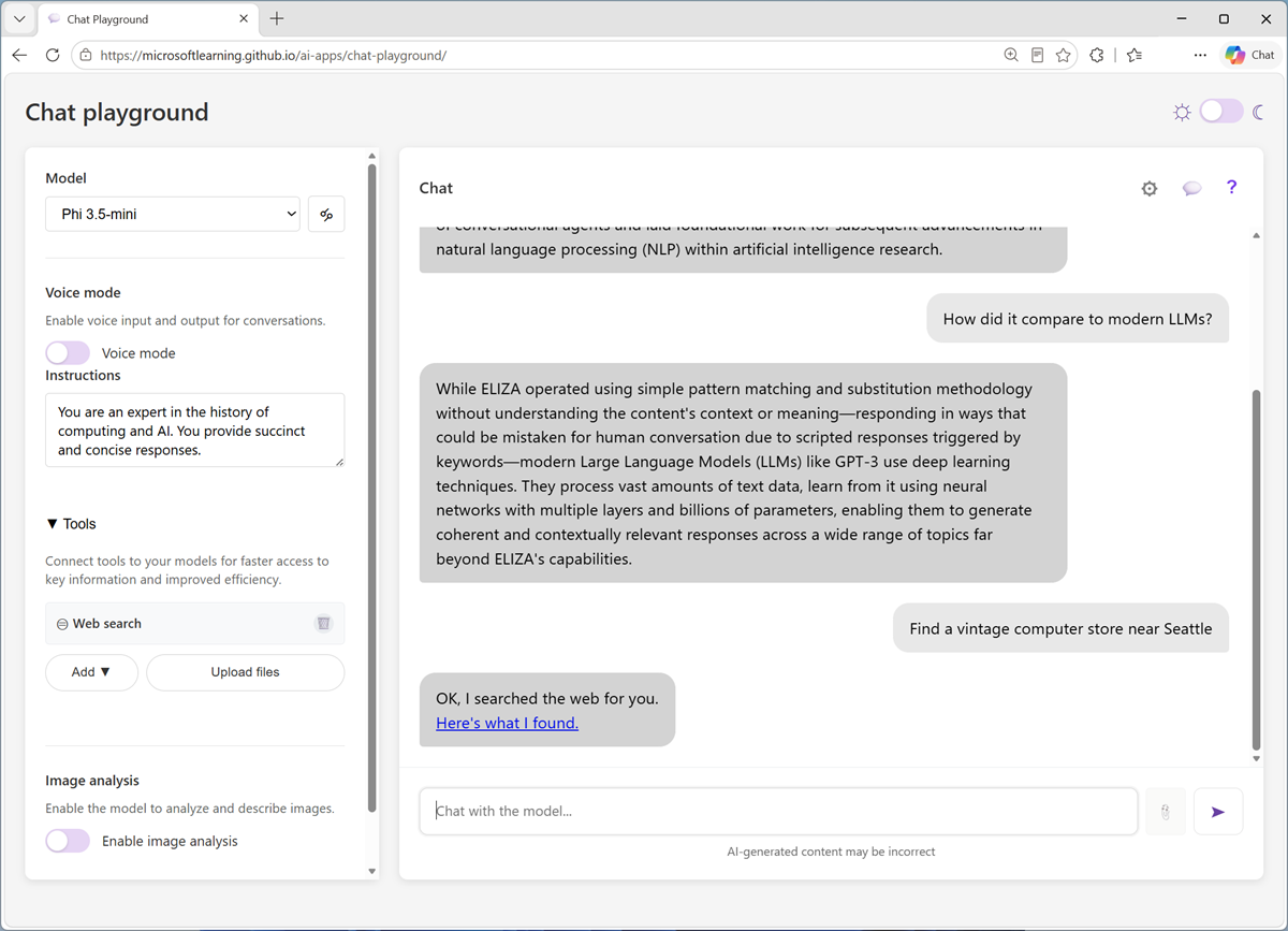 Screenshot of the chat playground with a search result.