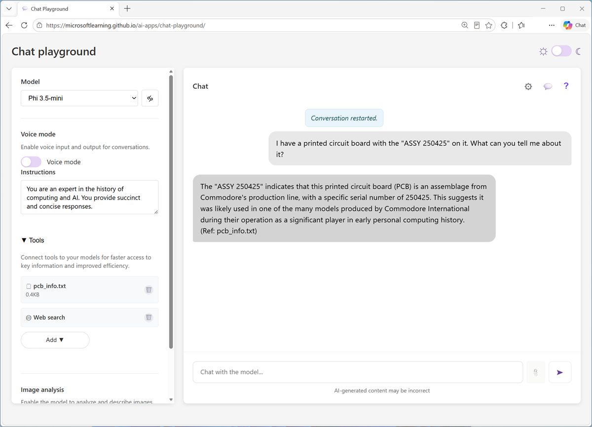 Screenshot of the chat playground using the file search tool.