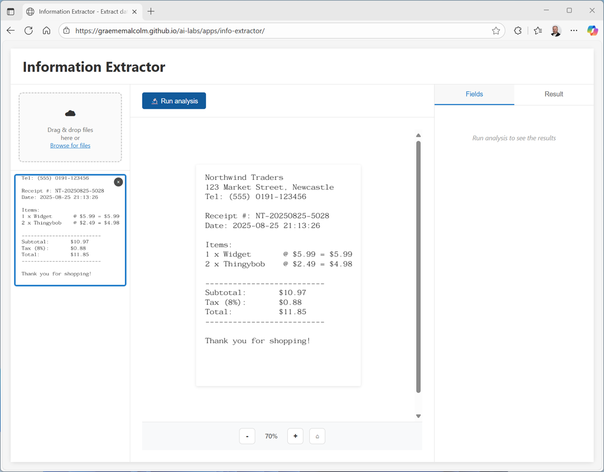 Screenshot of the Information Extractor app with an uploaded image.
