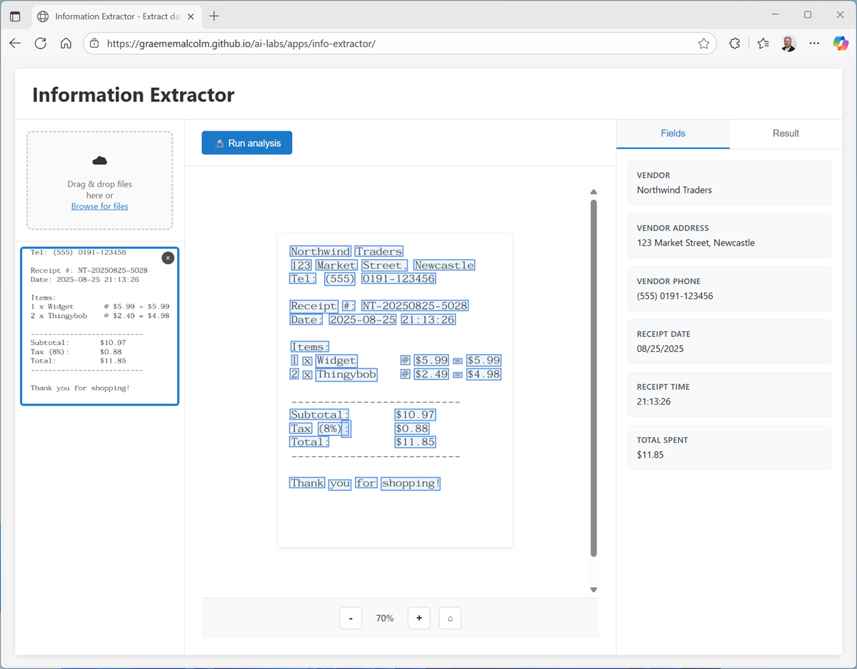 Screenshot of the Information Extractor app with an analyzed image.