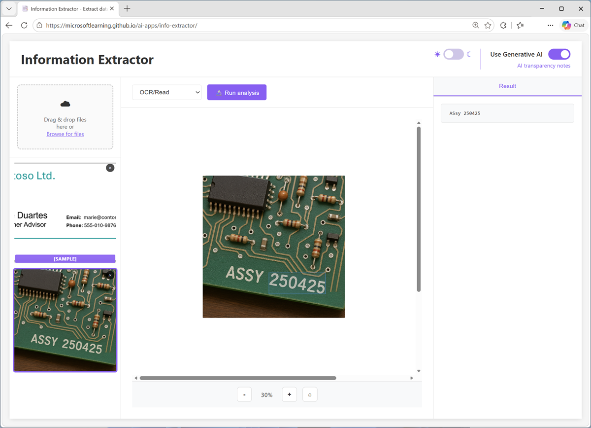 Screenshot of the Information Extractor app with an analyzed PCB image.