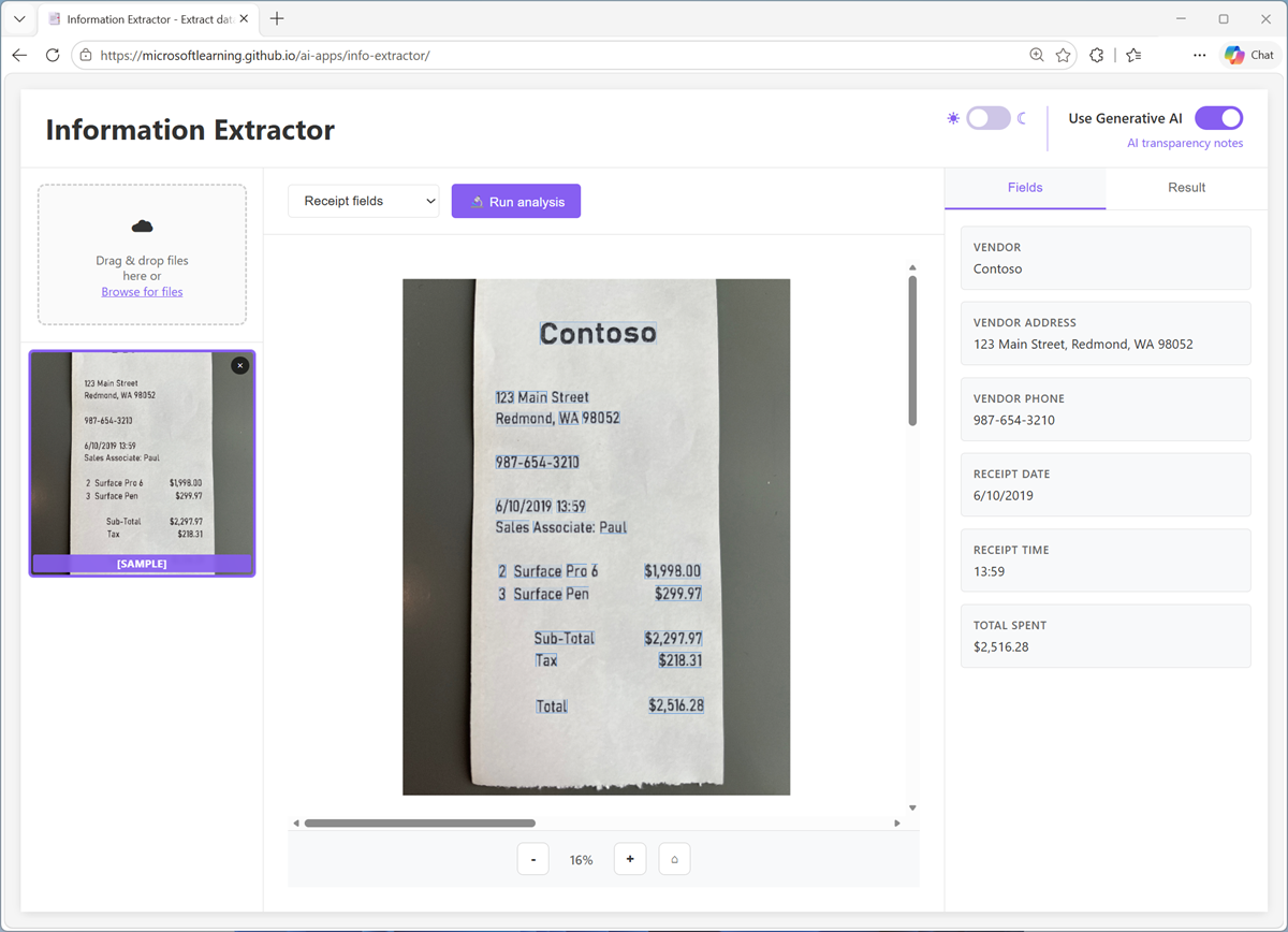 Screenshot of the Information Extractor app with an analyzed receipt.