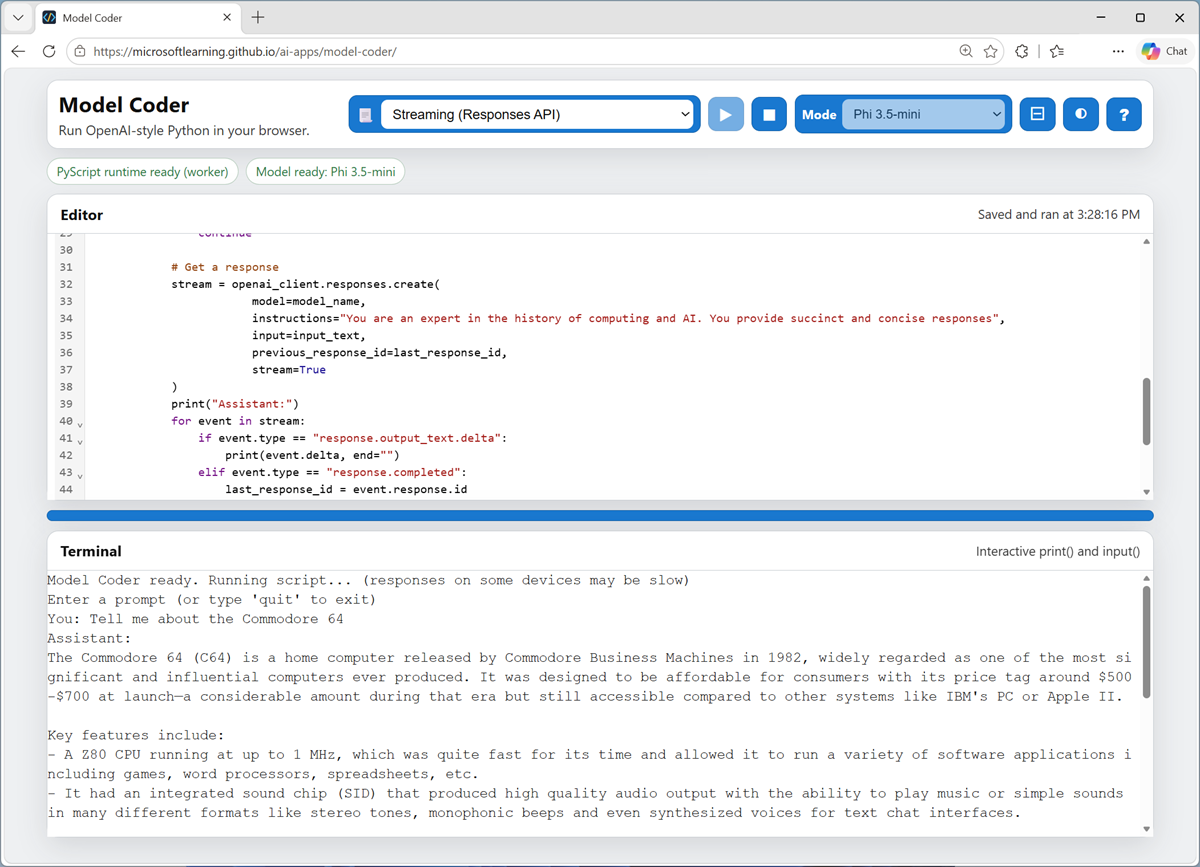 Screenshot of Model Coder with code running.