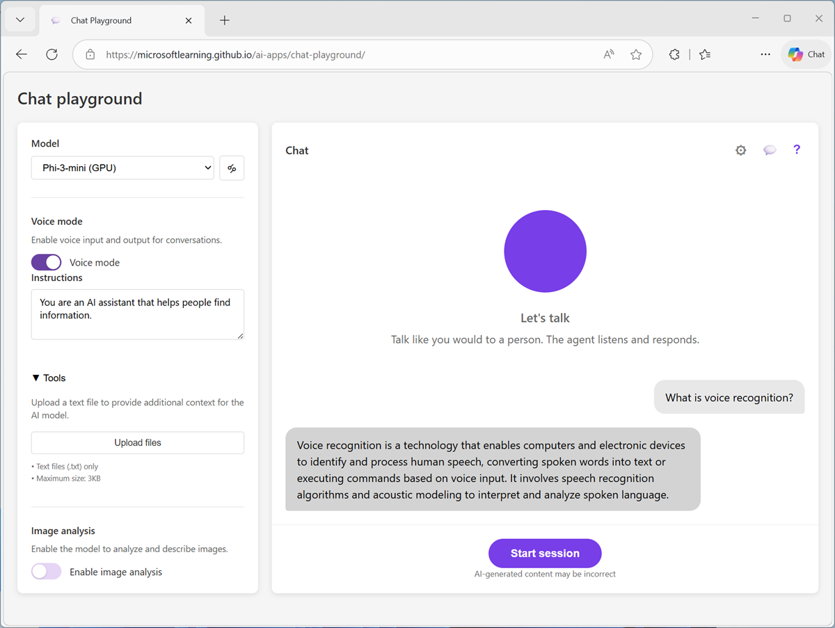 Screenshot of Speech Playground with a response.