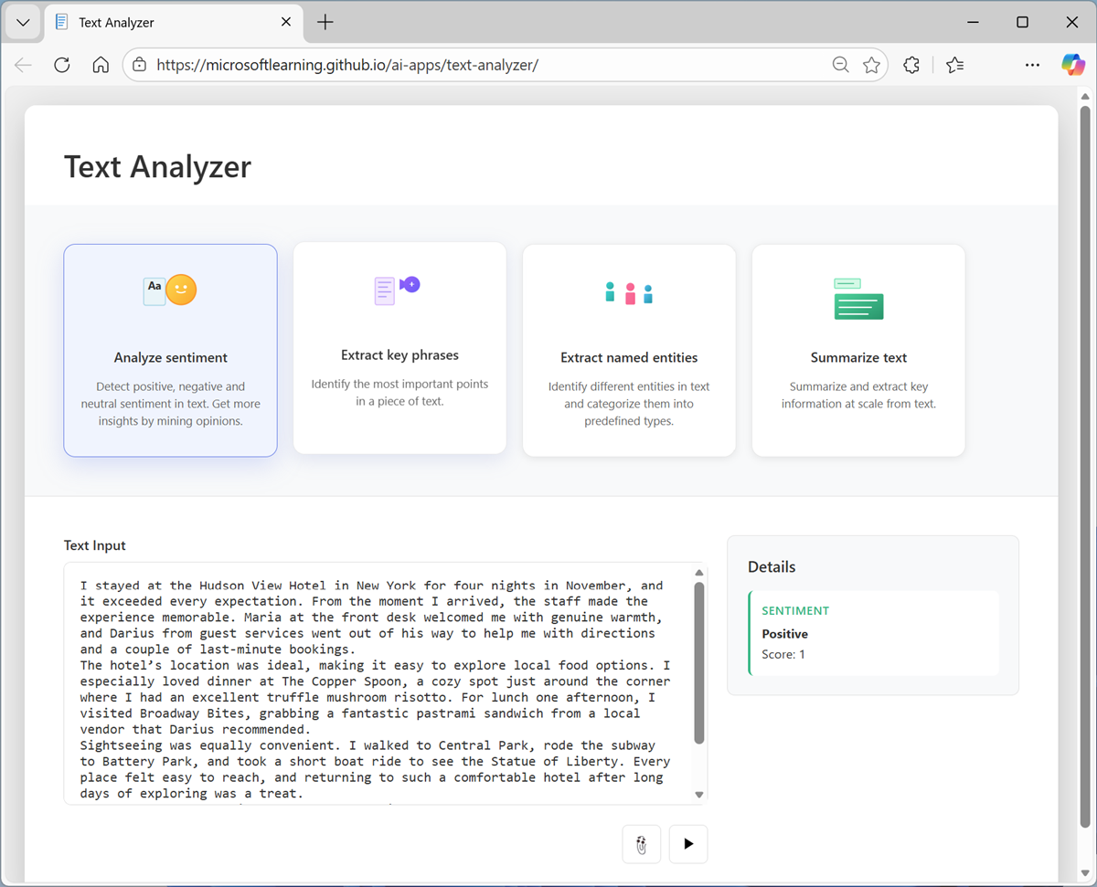 Screenshot of sentiment analysis results in text Analyzer.