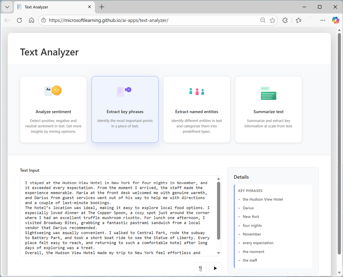 Screenshot of key phrase extraction results in text Analyzer.