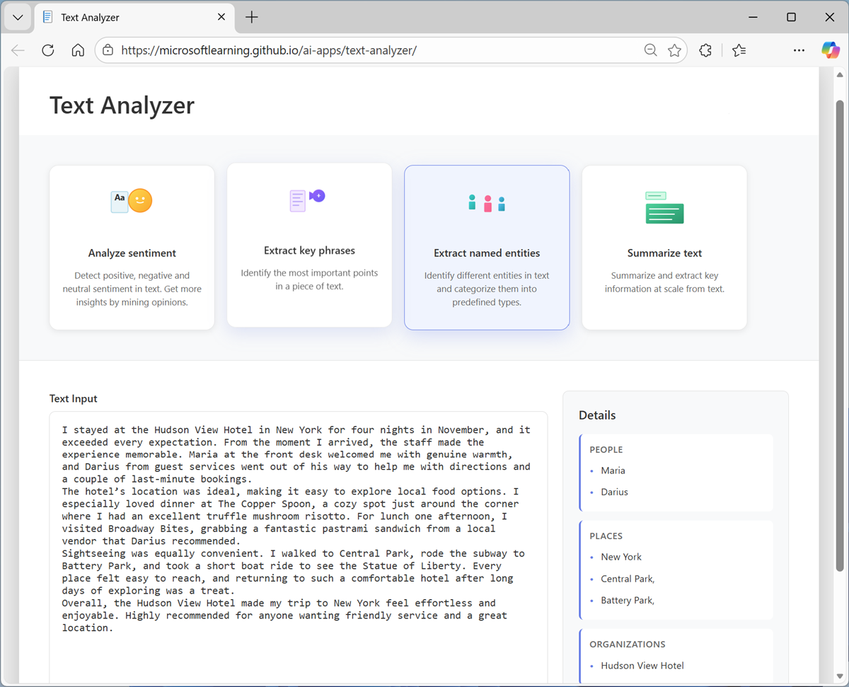 Screenshot of named entity recognition results in text Analyzer.