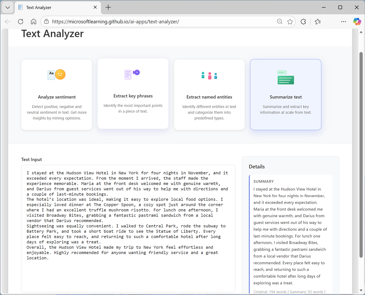 Screenshot of text summarization results in text Analyzer.