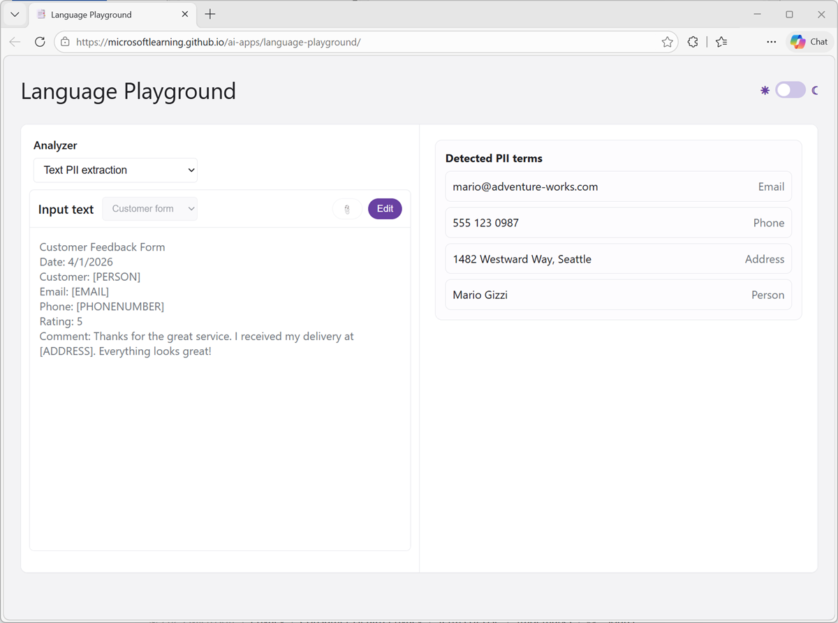 Screenshot of a detected PII in the Language Playground