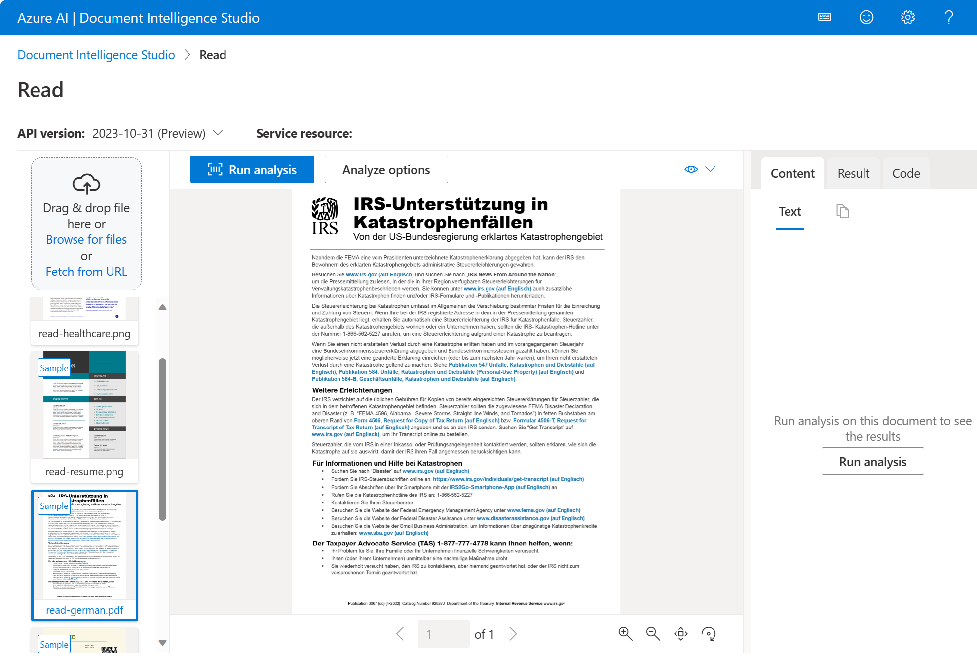 Screenshot: Seite „Lesen“ in Azure KI Dokument Intelligenz-Studio.