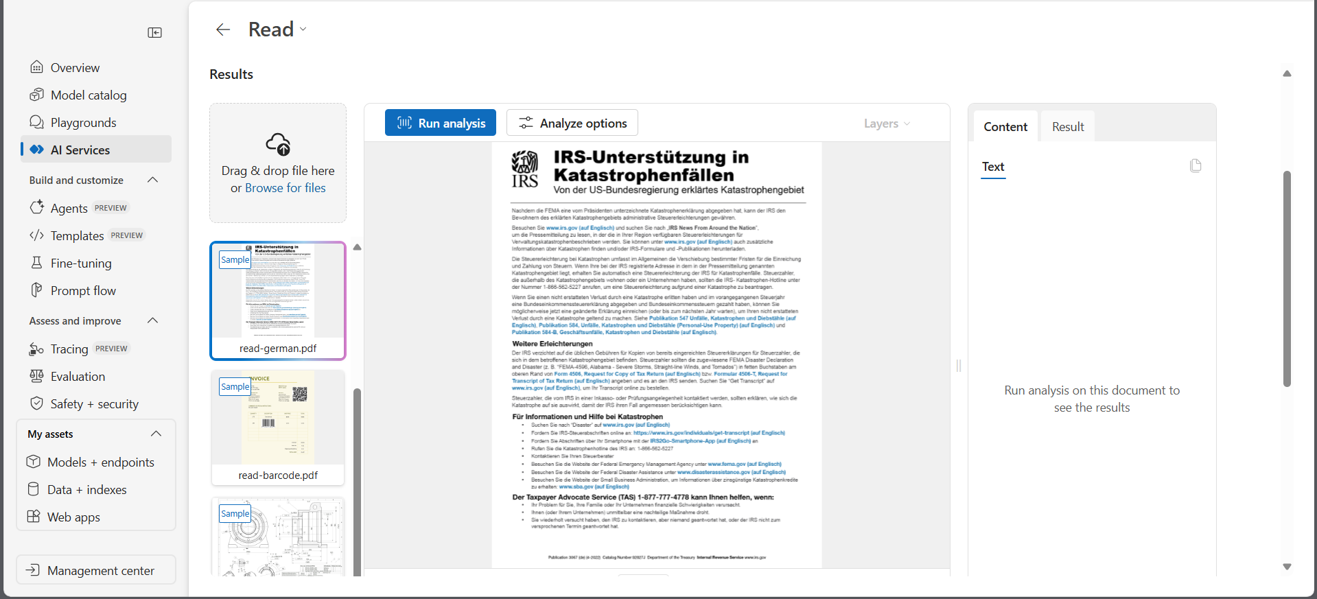 Captura de pantalla en la que se muestra la página Lectura de Documento de inteligencia de Azure AI Studio.