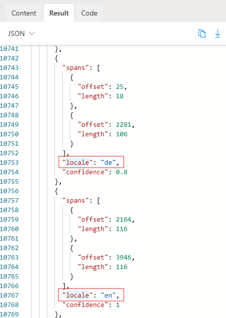 Capture d’écran montrant la détection de la langue pour deux étendues dans les résultats du modèle de lecture dans Azure AI Document Intelligence Studio.