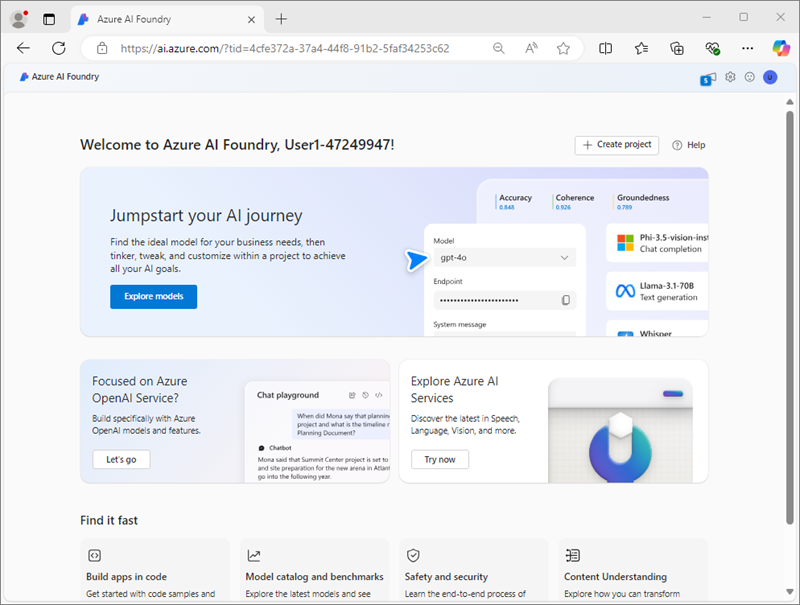 Azure AI Foundry 포털의 스크린샷.