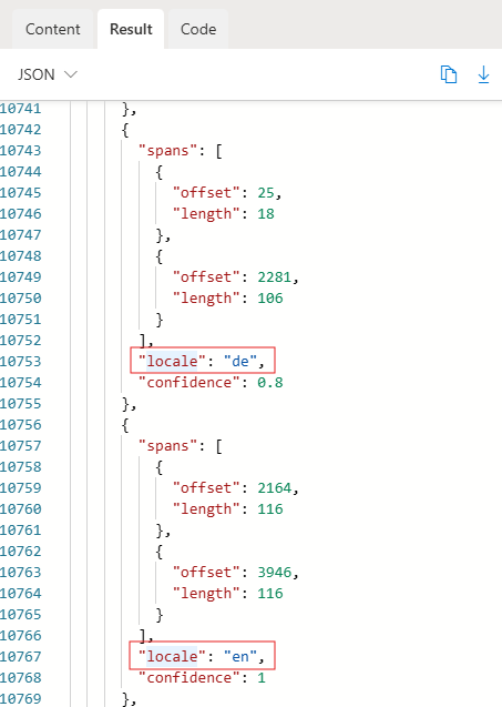 Azure AI Document Intelligence Studio의 읽기 모델 결과에서 두 범위에 대한 언어 검색을 보여 주는 스크린샷입니다.