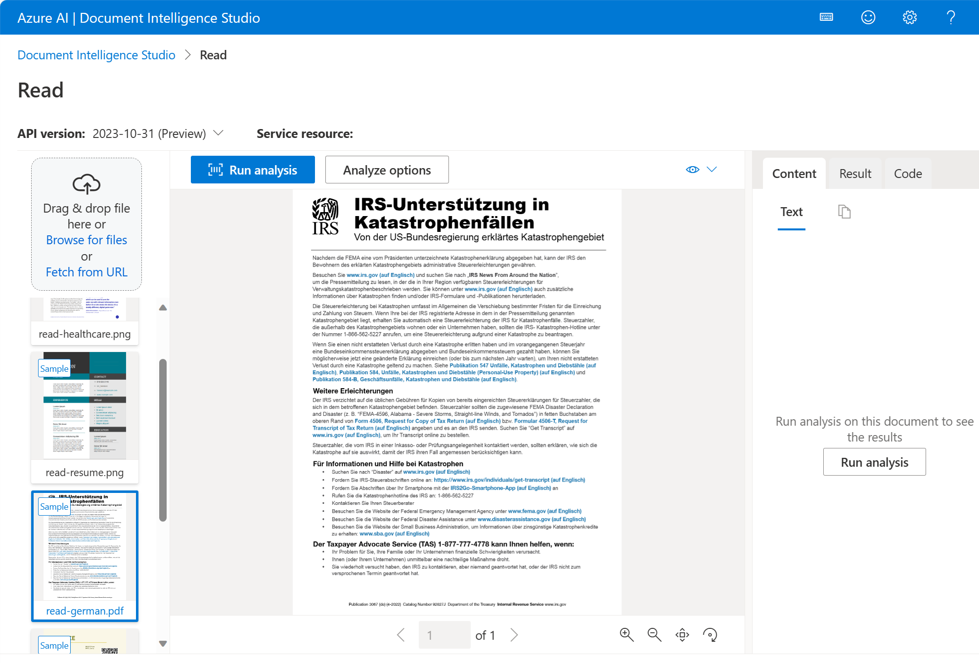Azure AI Document Intelligence Studio의 읽기 페이지를 보여 주는 스크린샷입니다.