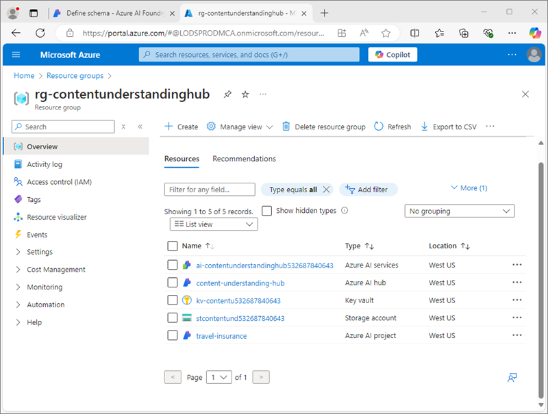 Screenshot of Azure resources.