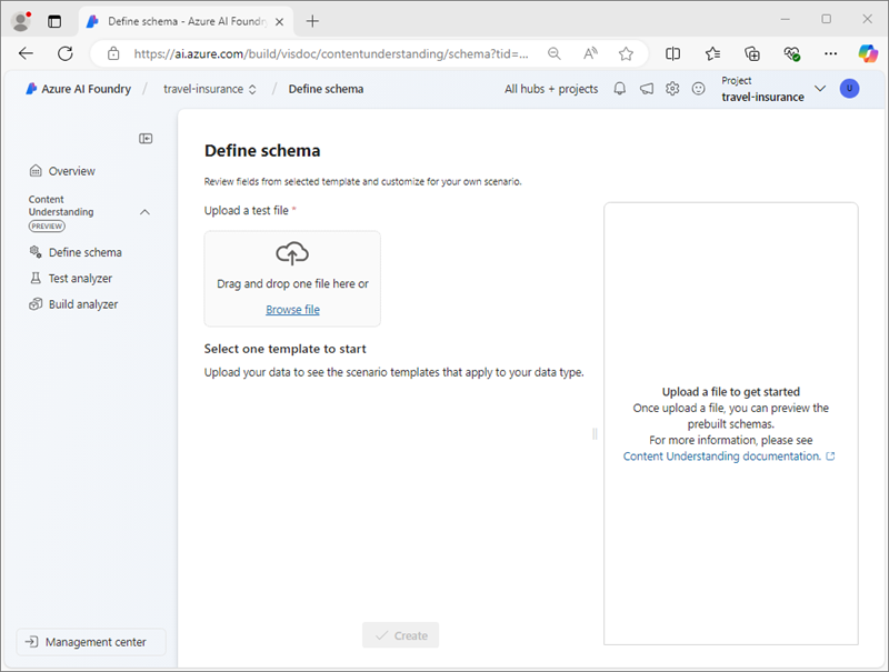 Screenshot of a new Content Understanding project.