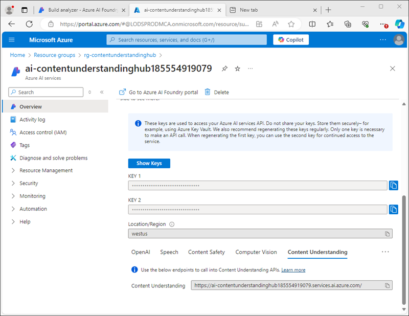 Screenshot of the keys and endpoint for Content Udnerstanding.