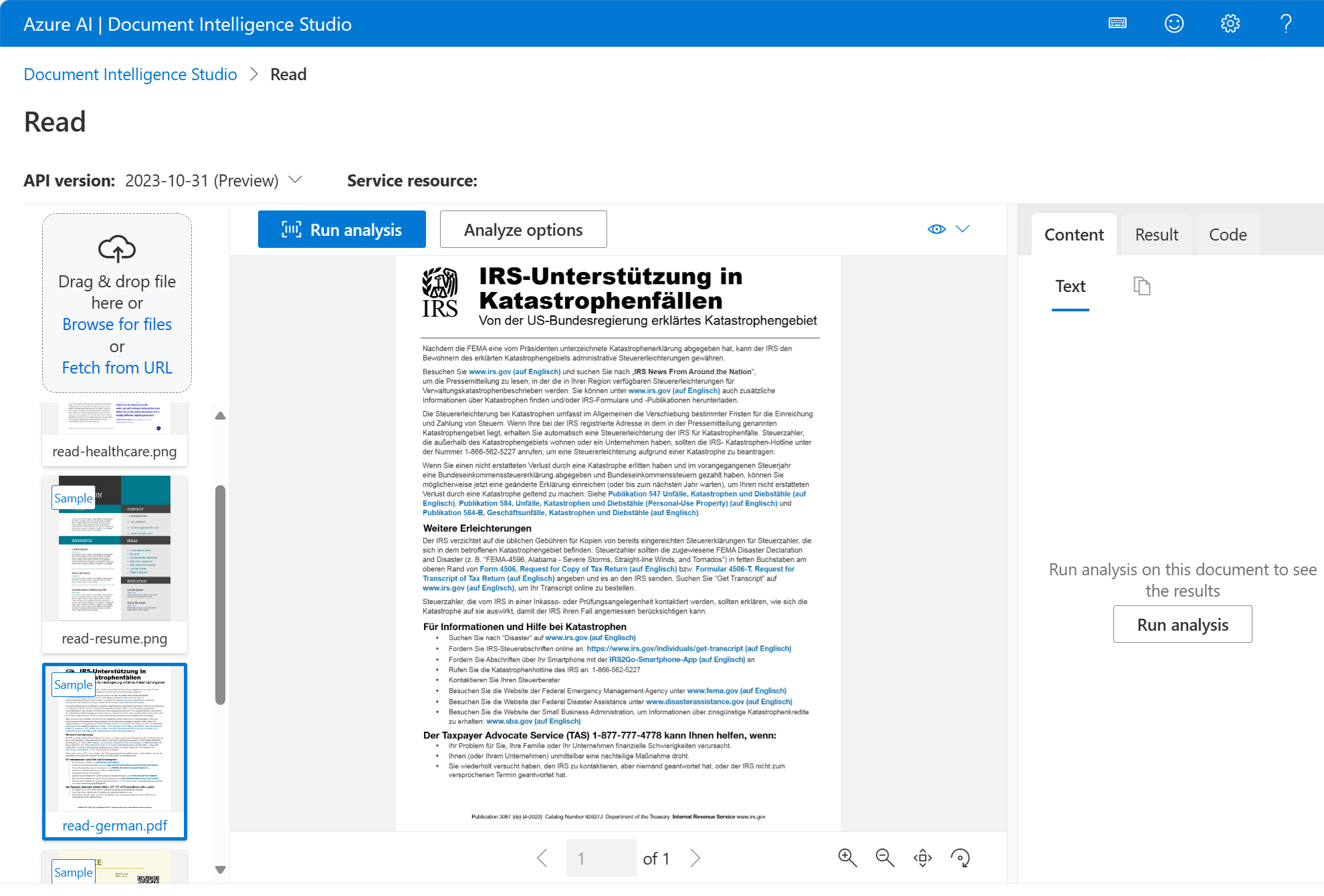 Screenshot showing the Read page in Azure AI Document Intelligence Studio.