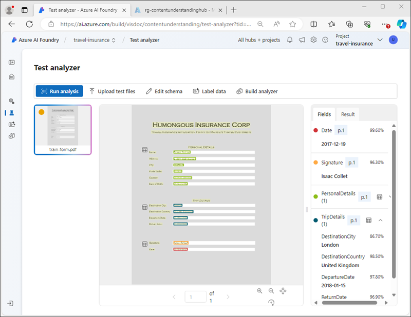 Screenshot of analyzer test results.