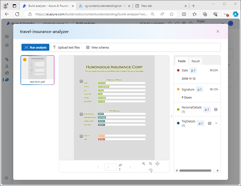 Screenshot of test form analysis results.